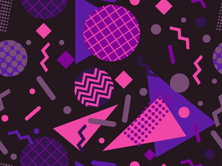 Seamless pattern with geometric shapes in the style of the 80s. Trendy retro background for printing on paper, advertising materials and fabric. Vector illustration