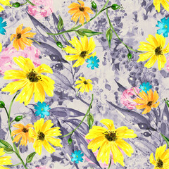 Seamless watercolour sunflower, cornflower pattern. watercolor sunflower. Autumn plant, berry branch, currant. Sunflower harvest. Sunflower oil.
 fabric, scarf, material. Trendy floral art background