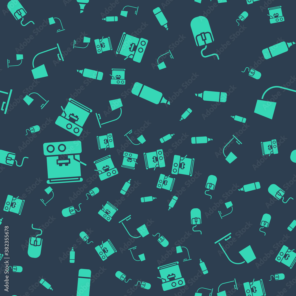 Poster set marker pen, computer mouse, coffee machine and table lamp on seamless pattern. vector.
