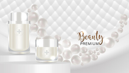 Beauty product ad design, white cosmetic containers with white background ready to use, luxury skin care banner, illustration vector.