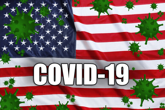 Covid-19 outbreak. Virus flying over American flag