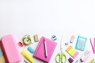 School stationery on white background, flat lay with space for text. Back to school