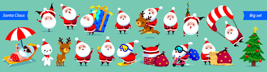 Santa Claus Big collection. Cute cartoon characters with different emotions and Christmas elements. Vector illustration. Isolated on green background.