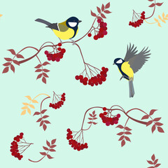Seamless vector illustration with branches of mountain ash and titmouse.