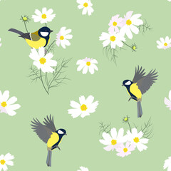 Seamless vector illustration with flowers of a kosmeja and titmouse © Nadezhda