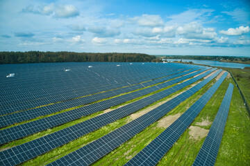Aerial view of the solar station. Green renewable energy from the sun.