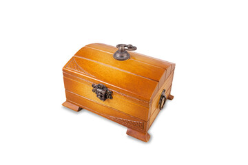 Wooden decorative vintage closed chest. Top and side view. Isolated on a white background.