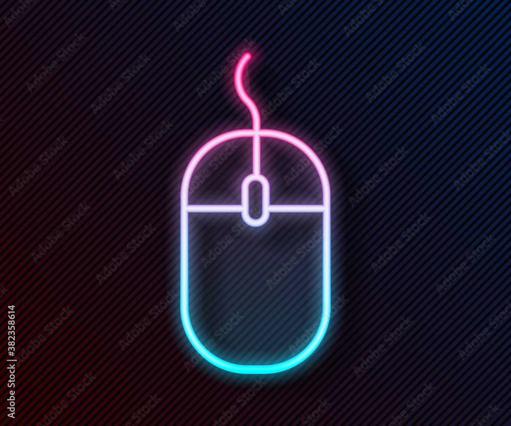 Poster glowing neon line computer mouse icon isolated on black background. optical with wheel symbol. vecto