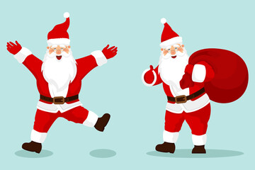 Collection of Christmas Santa Claus. Cute Father Frost stand with gift bag, raise his hands up and welcomed vector illustration.