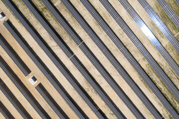 A bird's-eye view of the solar station. Green renewable energy from the sun.