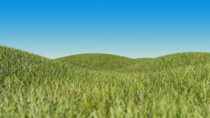 Obraz na płótnie Canvas Grass field on small hills and blue gradient sky. 3D illustration