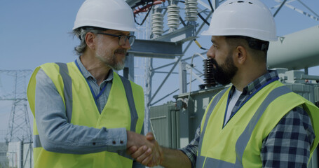 Mature engineer showing data to bearded colleague