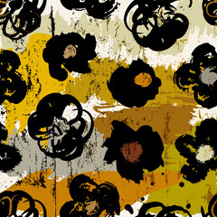 floral seamless background pattern, with abstract brush flowers, paint strokes and splashes