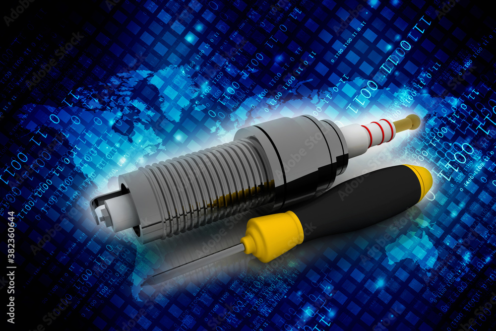 Poster 3d rendering technology spark plug with screw driver