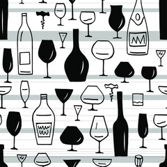 Seamless graphic pattern with stylized alcohol bottles and wine glasses. Black and white. 