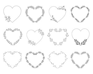 Hand drawn wreaths. Heart frames for wedding design. Vector isolated illustration.