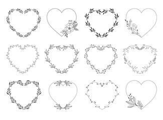 Elegant heart wreaths and frames. Leaves and flowers ornate borders. Vector isolated illustration. - 382361449