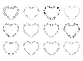 Set of hand drawn floral hearts. Nature wreaths. Vector isolated illustration. - 382361476