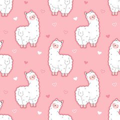 Cute llama seamless pattern, white fluffy alpaca. Girlish print on textiles, packaging, fabric, wallpaper.