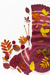 Autumn needlework. Hand knitted scarf and beret and bright red and yellow fallen leaves on a white background. Empty space for text. Flat lay, copy space, top view, close-up, mock up