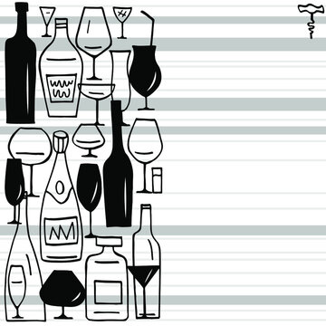 Vertical graphic border with stylized bottles and glasses. Copy space. Your text here. 