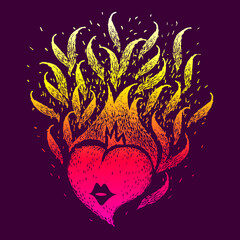 Red gradient burning heart on dark background. Vector vintage handmade illustration. Fire of love. Flame of heart. Sketch for poster, print, tshirt.