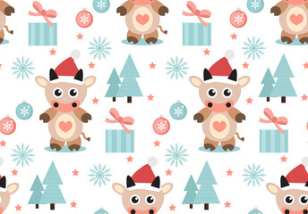 Merry christmas seamless pattern. Cute Bull in a hat of Santa Claus, snowflakes endless texture background. Vector illustration