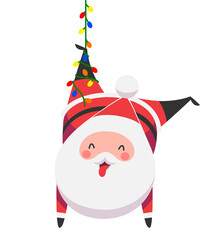 Cute Santa Claus hanging upside down on garland lights. Vector illustration isolated on white background.