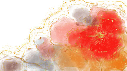 Fototapeta premium Abstract watercolor red, yellow with gold colored texture background. Digital illustration. Flow liquid paint for card design, modern banners, invitations