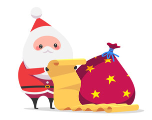 Cute Santa Claus checks his list to see who has been naughty or nice. Vector illustration isolated on white background.