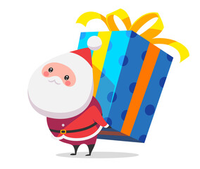 Cute Santa Claus with big gift. Vector illustration isolated on white background.