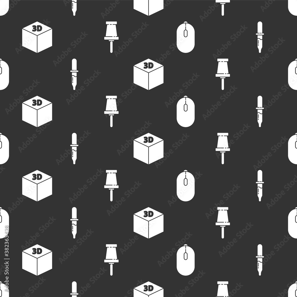Poster set computer mouse, pipette, isometric cube and push pin on seamless pattern. vector.