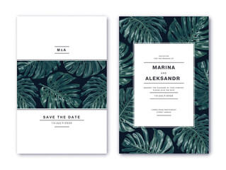 Template design with monstera leaves. Botanical wedding invitation card. Hand drawn vector tropical botanical design in realistic style. Collection of Save the Date and RSVP in vector EPS. 