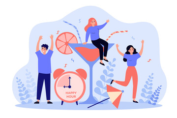 Cheerful young people enjoying party during happy hour in bar. Group of friends drinking alcohol and having fun in restaurant. Vector illustration for business promotion, entertainment concepts