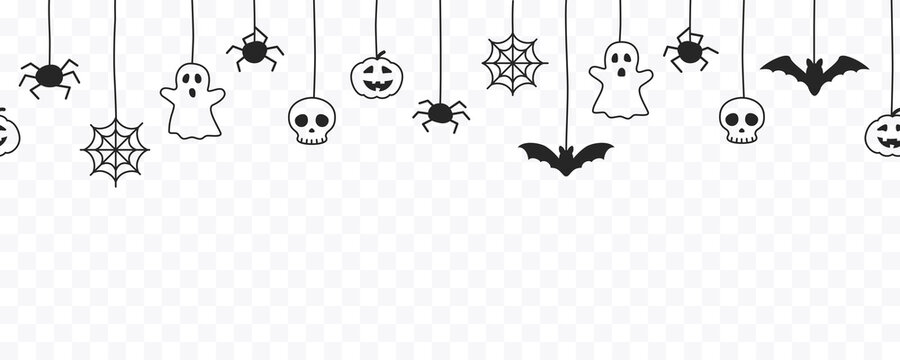 Happy Halloween seamless banner or border with black bats, spider web, ghost  and pumpkins. Vector illustration party invitation isolated on transparent background