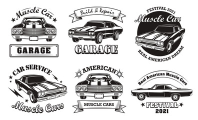 American muscle cars set. Monochrome labels with classic vintage vehicles, badges with text. For restoration or repair service emblem templates - obrazy, fototapety, plakaty