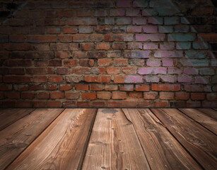 Product background with old dirty wooden floor and old brick wall
