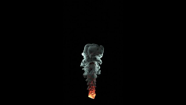 Fiery red yellow flame with thick dense gray smoke on black background. Burning process, inexhaustible energy source, thermal radiation, ignition and arson. Realistic 3D animation, rendering