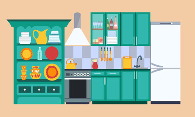 Kitchen interior with shelves, dishes, refrigerator, kitchen utensils. Sea green kitchen