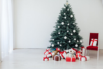 Christmas tree pine with gifts interior decor new year winter holiday