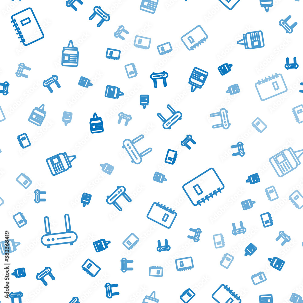 Poster set line router and wi-fi signal, spiral notebook and glue on seamless pattern. vector.