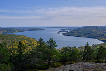 Beautiful views of forest mountains and sea on a sunny autumn day