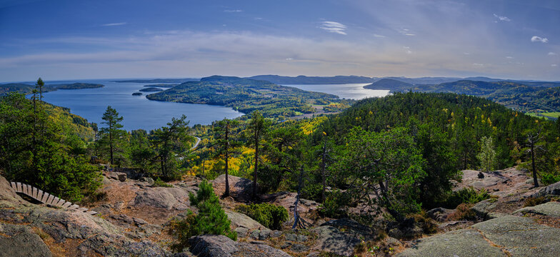 Beautiful views of forest mountains and sea on a sunny autumn day