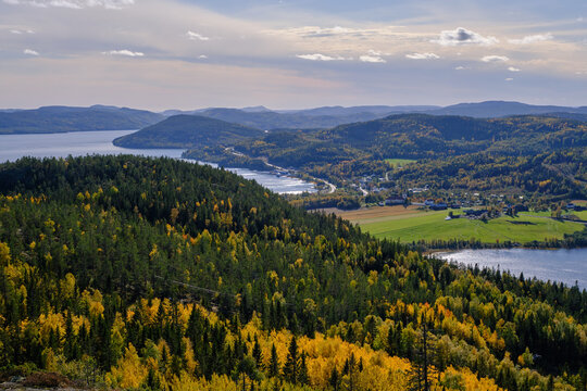 Beautiful views of forest mountains and sea on a sunny autumn day