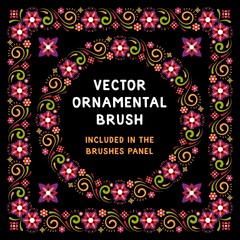 Floral endless ornament on a black background. Traditional folk pattern with flowers - vector brush. Included in the brushes panel.