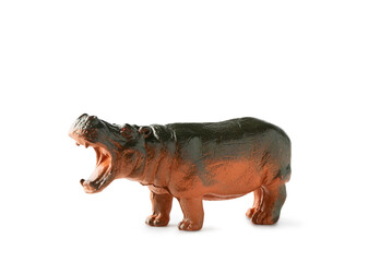 Fototapeta premium Hippo mini figure isolated on white background. Plastic animal toy, clipping path