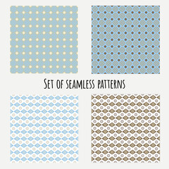 Set of seamless geometric vector patterns. Abstract background. Brown and blue geometric ornamental vector patterns.