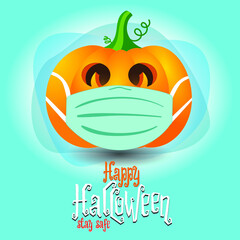 Happy Halloween. A pumpkin wearing a face mask for protection from coronavirus. - 382372475
