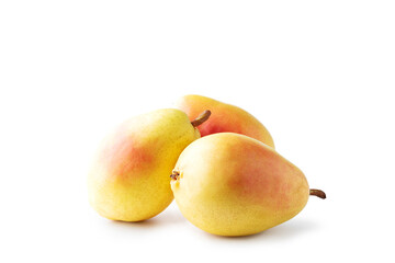 Three fresh yellow pears isolated on white background. Clipping path