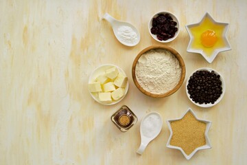 Ingredients for making skillet cookie with chocolate chips on an concrete background. Sweets recipes.
